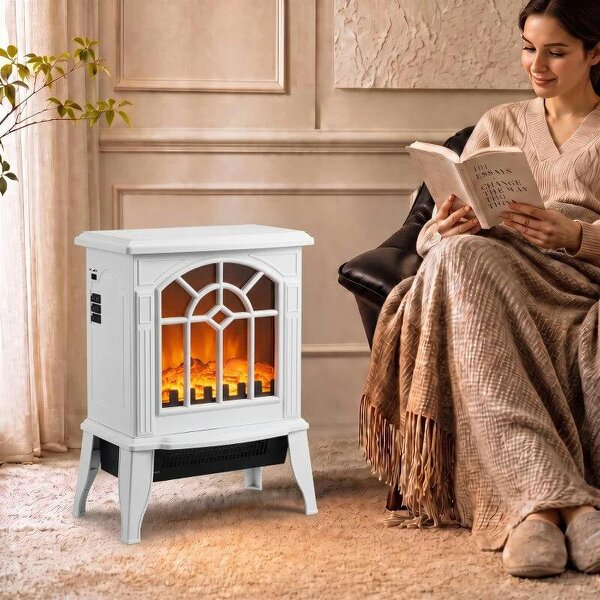 Freestanding Electric Fireplace, Electric Log Burner w/ LED Flame Effect, Overheating Safety System, 1000W/2000W, White