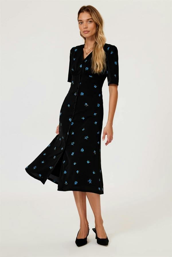 FS Collection Blue Floral Print Button Front Midi Dress In Black