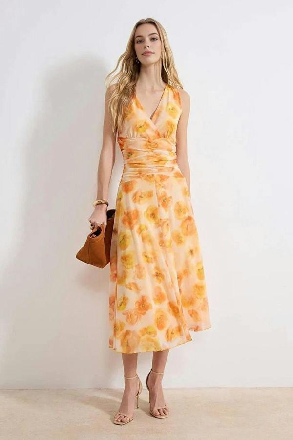 WOVCOR Floral Bodycon V-Neck Thick Strap Sleeveless Ruched Maxi Tulle Knit Dress