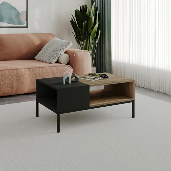 Decortie Modern Rectangular Coffee Table with Dual-Side Open Shelf Storage, Living Room, Office, Metal Legs