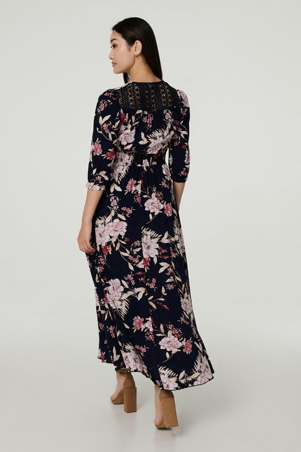 Navy | Floral 3/4 Sleeve A-Line Maxi Dress