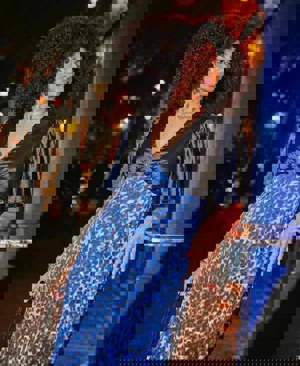 leopard print blue satin midi dress