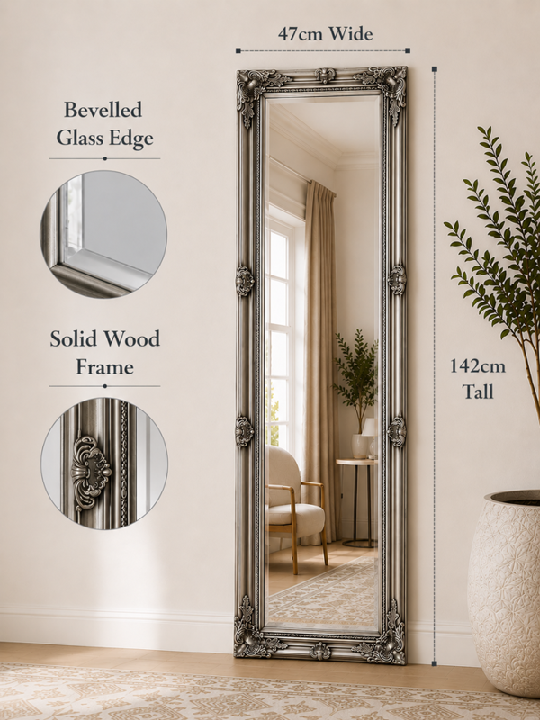 Downton Interiors Antique Silver Tall Ornate Dressing Wall Mirror with Bevelled Glass 142cm