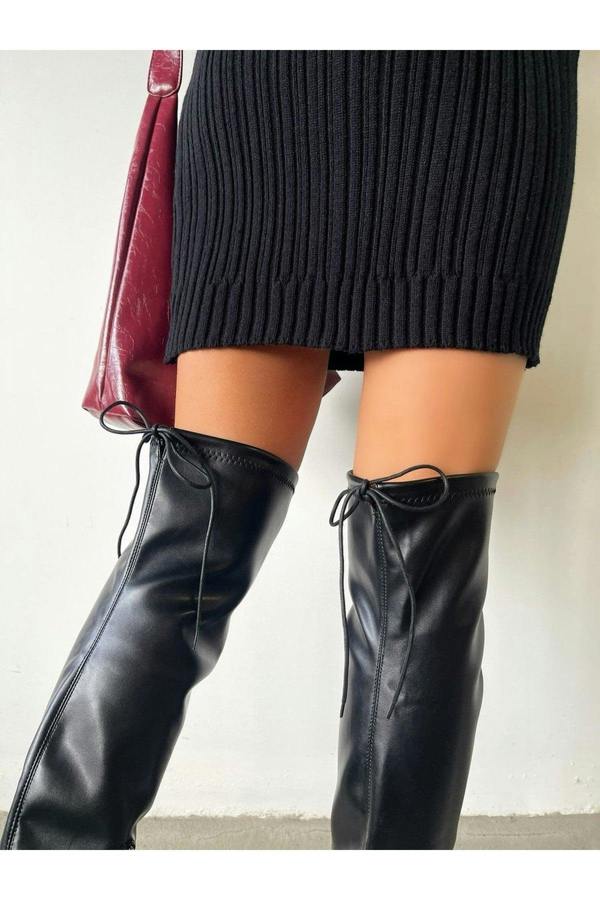 Abbey Tie Detail Low Heel Knee High Boots - Black