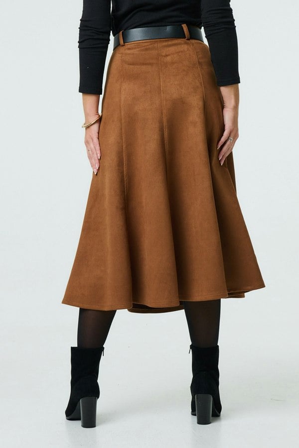 Brown | Belt Detail A-Line Midi Skirt