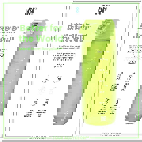 A lime green water bottle sits against a white background; it is made from a plant-based polymer and is BPA-free, dishwasher-safe, and odor-resistant. The bottle displays milliliter and ounce measurements. "Better for the World" and "Made from Recyclon™" are displayed.