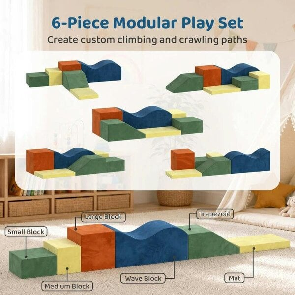 Kids Soft Play Set, 6PCS Foam Climbing Blocks with Non-Slip Base, Indoor Soft Playground for Climbing and Crawling