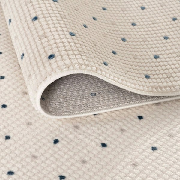 Living Room rug, blue-cream colours, dots, practicality in mind, the rug is anti-allergic.