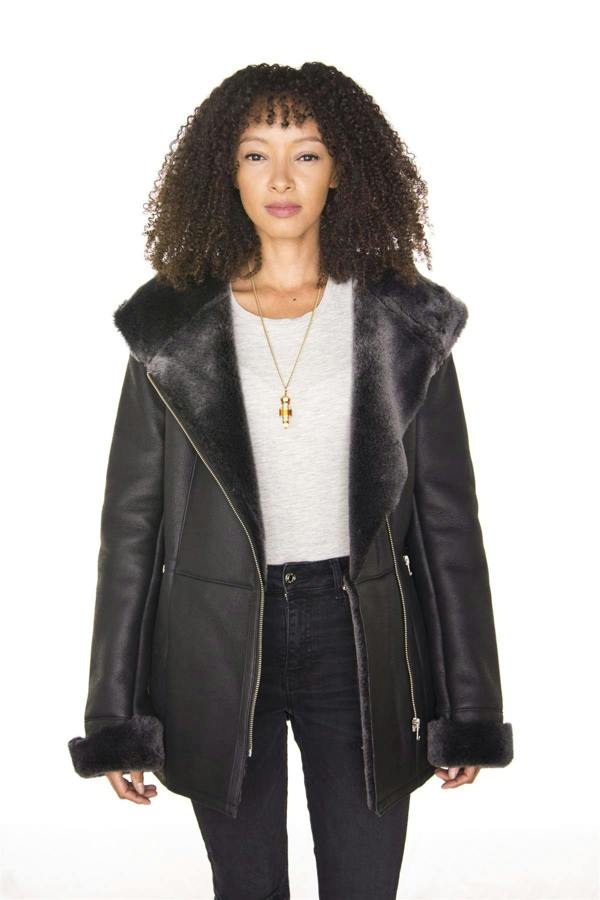 Infinity Leather Womens Black Hooded Merino Sheepskin Jacket-Mandalay