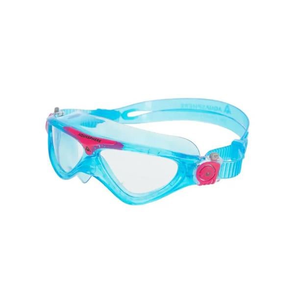 Blue and pink Aqua Sphere Vista junior swim goggles with clear lenses