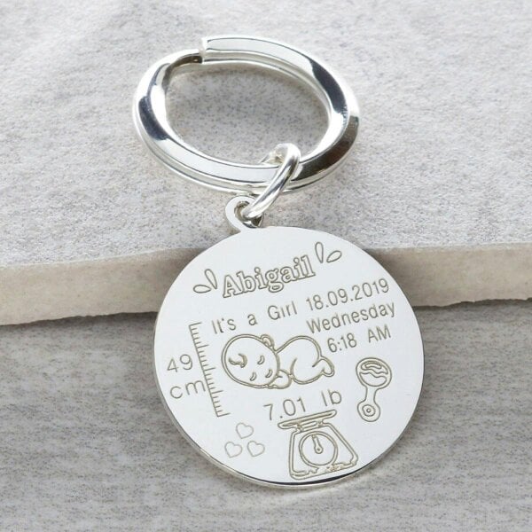 Christopher James of London Sterling Silver newborn Baby Keyring With Optional Back Engraving