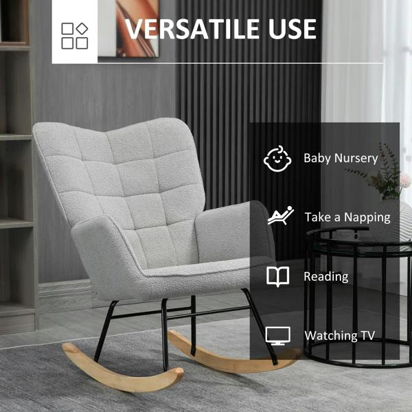 Light grey nursery glider rocking chair with tufted back and curved wood base