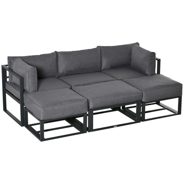 Grey outdoor sectional daybed sofa with cushioned seats and black aluminum frame