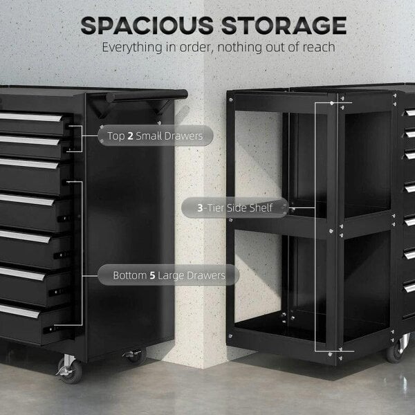 Lockable Steel Tool Chest on Wheels, 7 Drawer Tool Box with Handle for Workshop, Garage, Black