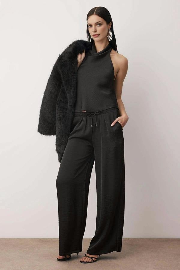 WOVCOR 2-Piece V-Neck Satin Blouse and Trousers Set