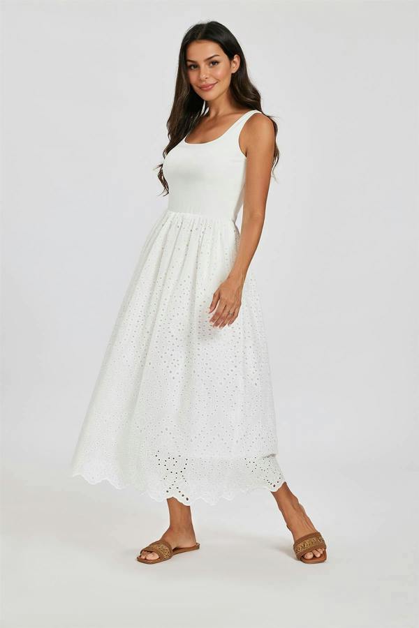 FS Collection Sleeveless Jersey Top Broderie Midi Dress In White