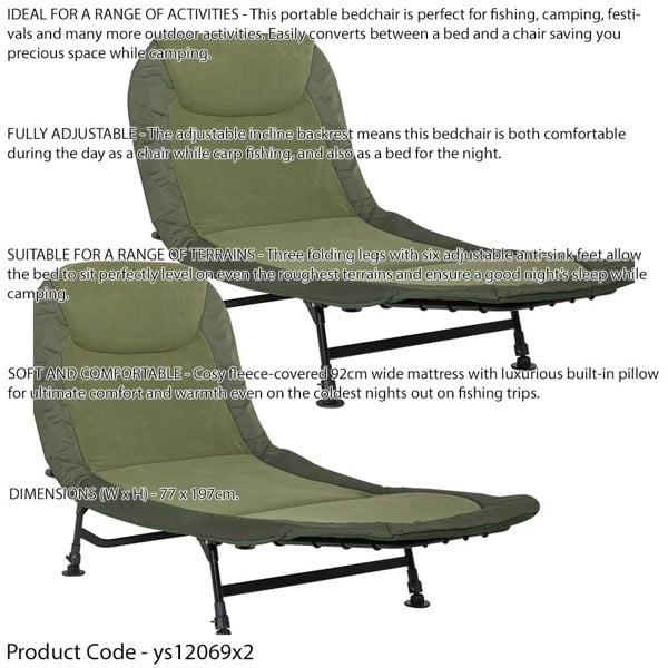 2 PACK Adjustable Fleece Camping & Fishing Bedchair - Pillow & Levelling Feet - LoopsDirect