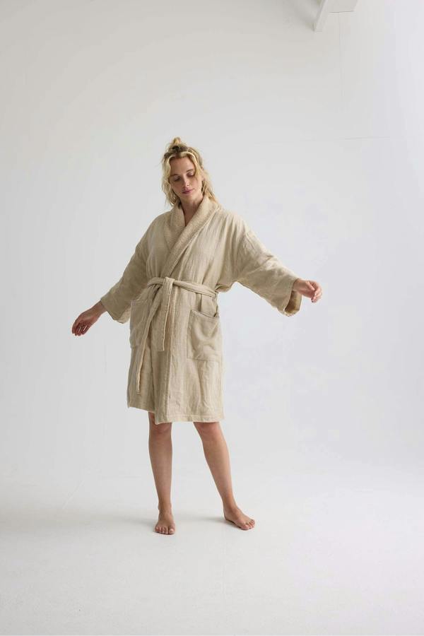 Pretty You London Short Terry Lined Linen Robe In Summer Sand