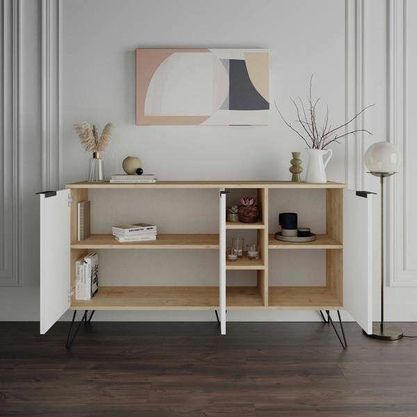 Decortie Clara Sideboard Cabinet Modern Storage Shelves Hairpin Legs 142cm