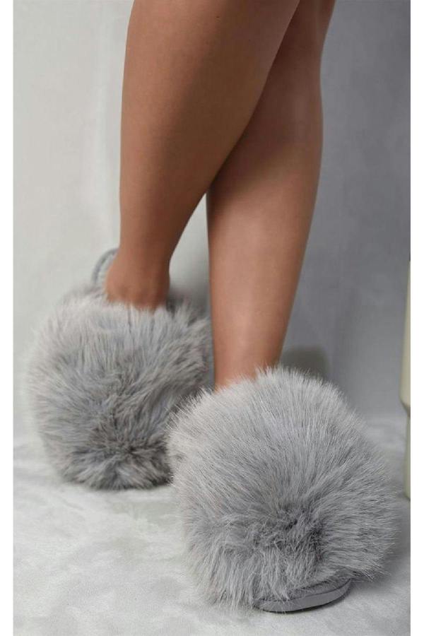 Nadia Fluffy Faux Fur Slippers - Grey