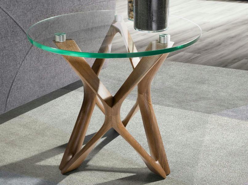 Angel Cerdá Round tempered glass and walnut corner table 2127