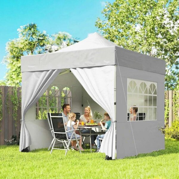 3 x 3 m Pop Up Gazebo with Sidewalls, UPF50+ Heavy Duty Garden Party Tent Marquee with Wheeled Carry Bag, Silver Grey - Silver Grey
