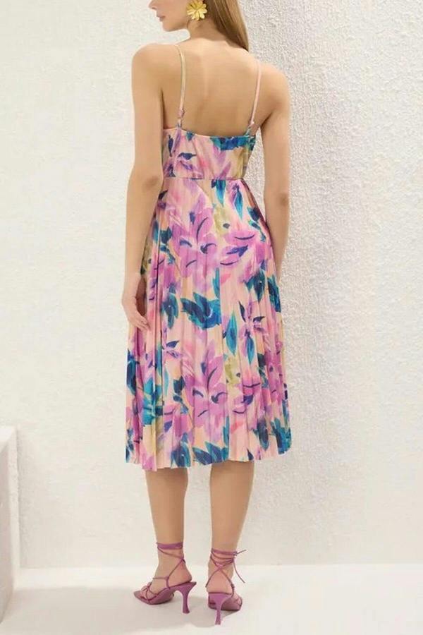 WOVCOR Printed Wrap V-Neck Adjustable Straps Pleated Midi Dress