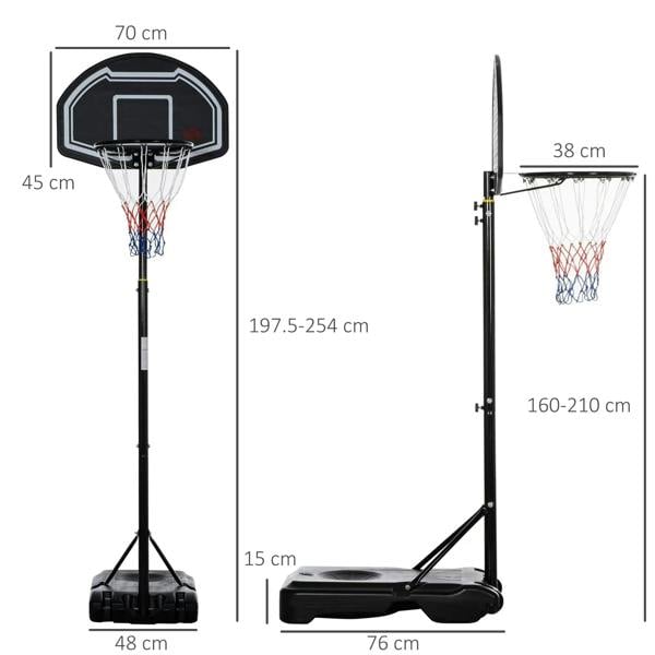 Black adjustable basketball hoop stand with wheels and weight base, size diagram