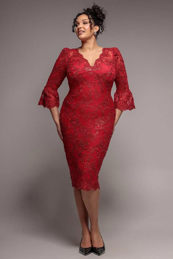 Goddiva Plus Scallop Lace Midi Dress- Red by Goddiva Plus