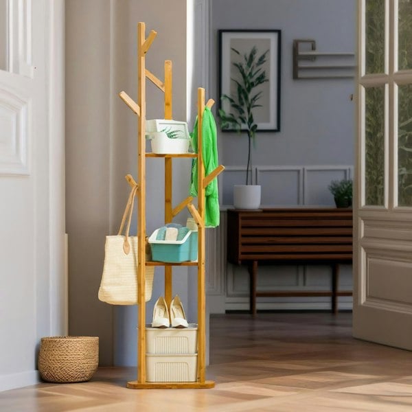 Rafaelo Mobilia Bamboo Coat Stand With 9 Hooks & 2 Shelves