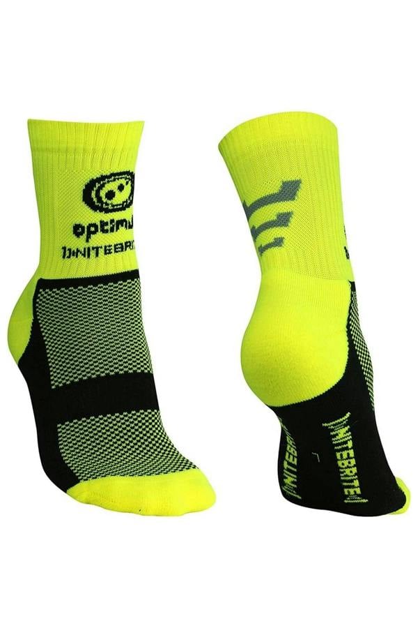 Pair of fluro yellow Optimum NiteBrite cycling socks, front and back views with black soles, on white - Optimum