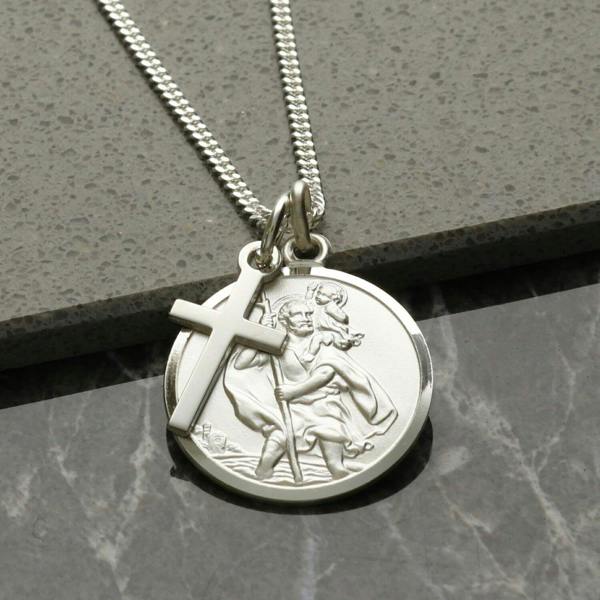 Christopher James of London Sterling Silver St Christopher & Cross Pendants With Optional Engraving and Chain