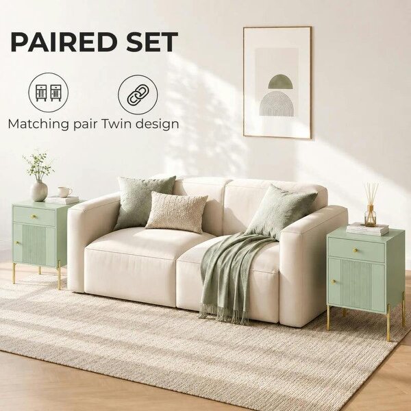 Modern Bedside Tables Set of 2, Side Tables with Drawer and Metal Legs for Living Room, Bedroom, Light Green