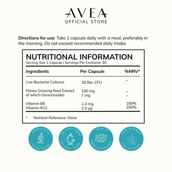 AVEA Biomind Probiotic & Brain Health Supplement (30 Capsules) - 30 Billion CFU - Vitamin B12, Panax Ginseng & Vitamin B6 - Brain Fog & Gut Health - Vegan