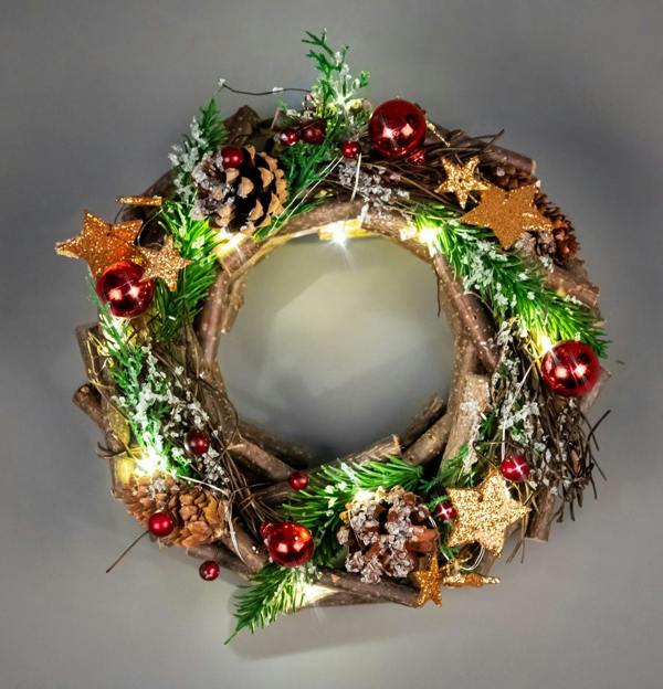 22cm Battery Operated LED Twig Wreath in Red and Brown with Warm White Lights image 4