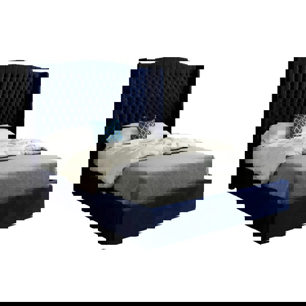 Casa Magna Rana Curved Top Winged Upholstered Soft Velvet Bed Frame - Blue