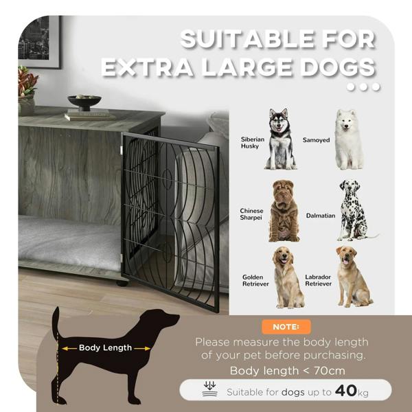 Grey dog crate end table with black door and plush cushion, suited for extra-large dogs
