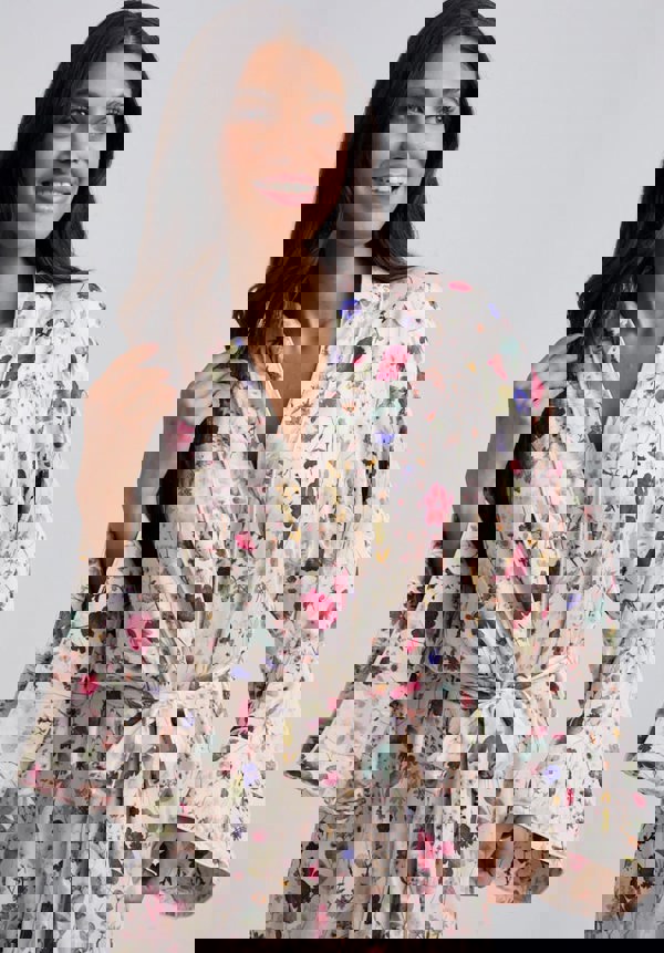 Floral Print Wrap around Robe with tie wait close up detail