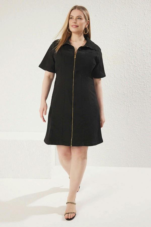 WOVCOR Front Zipper Medium Stretch Denim Plus Size Dress