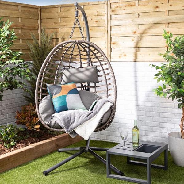 Balinese Garden Egg Chair Rattan Effect with Cushions Swing Chair in Grey