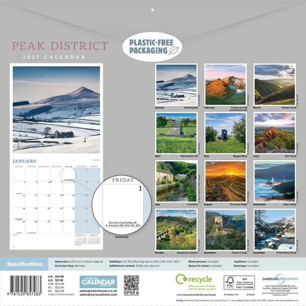 Peak District Calendar 2027, Wall Calendars, Month To View, Travel, Gift