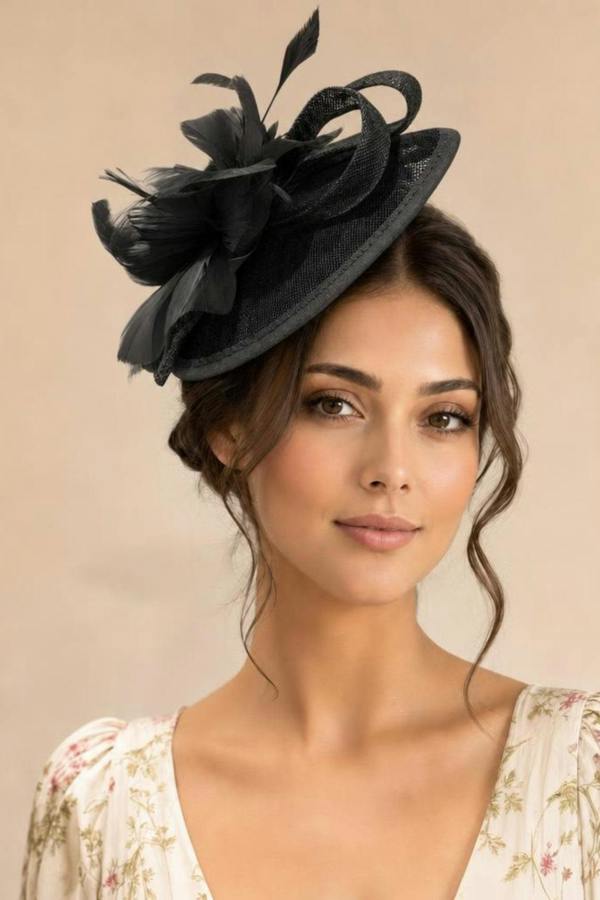 SVNX Feather & Bow Disc Fascinator in Black