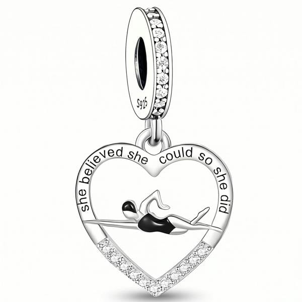 Swimmer Charm Pandora Compatible 925 Sterling Silver Heart Dangle, Water Sport Jewellery For Bracelet