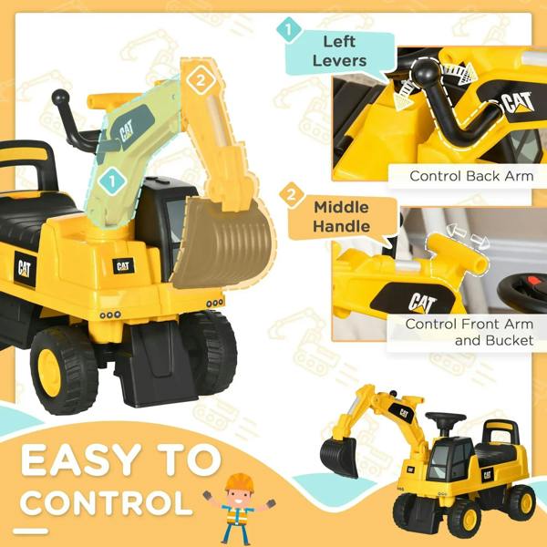 Yellow CAT ride-on digger toy with front shovel bucket and control arms, close side view