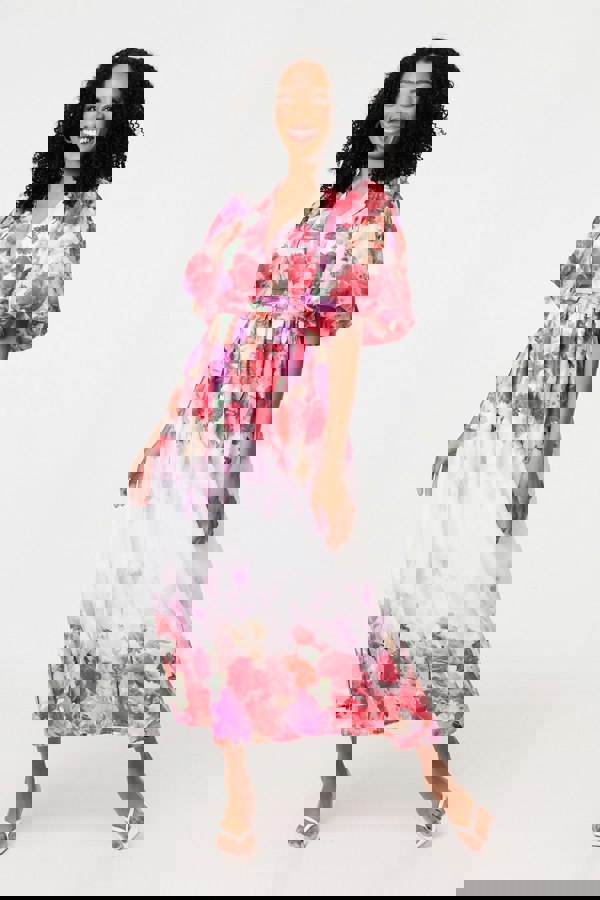 White | Floral Print 1/2 Angel Sleeve Midi Dress