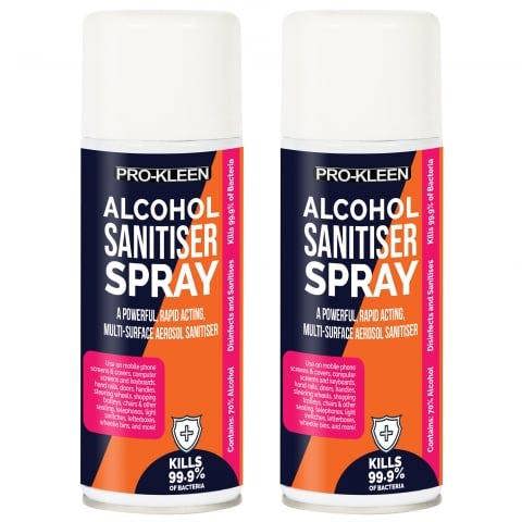 ProKleen Pro-Kleen Sanitiser Spray Antibacterial 400ml x2 Kills 99.9% Bacteria Perfect for Phones, Worktops, Trolleys, Keyboards
