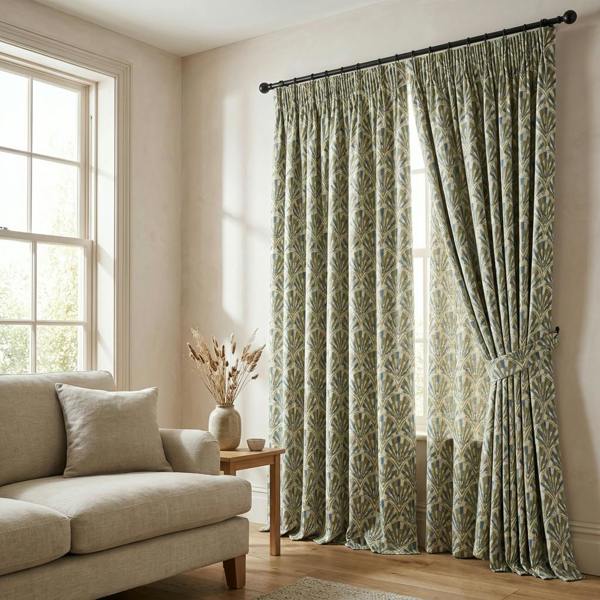 Monza made-to-measure curtains in Bottle, styled in a living room