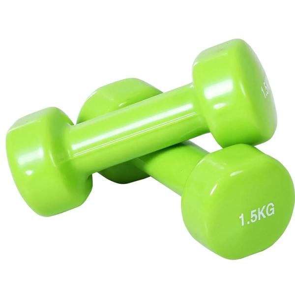 Lime green dumbbell pair with rounded ends and smooth, glossy finish