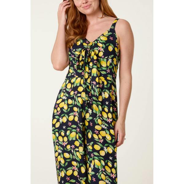 Blue Vanilla Lemon Print Front Tie Jumpsuit