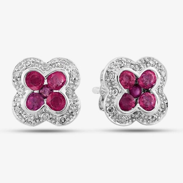 T. H. Baker 9ct White Gold Ruby and Diamond Quatrefoil Cluster Stud Earrings PE04942 RU